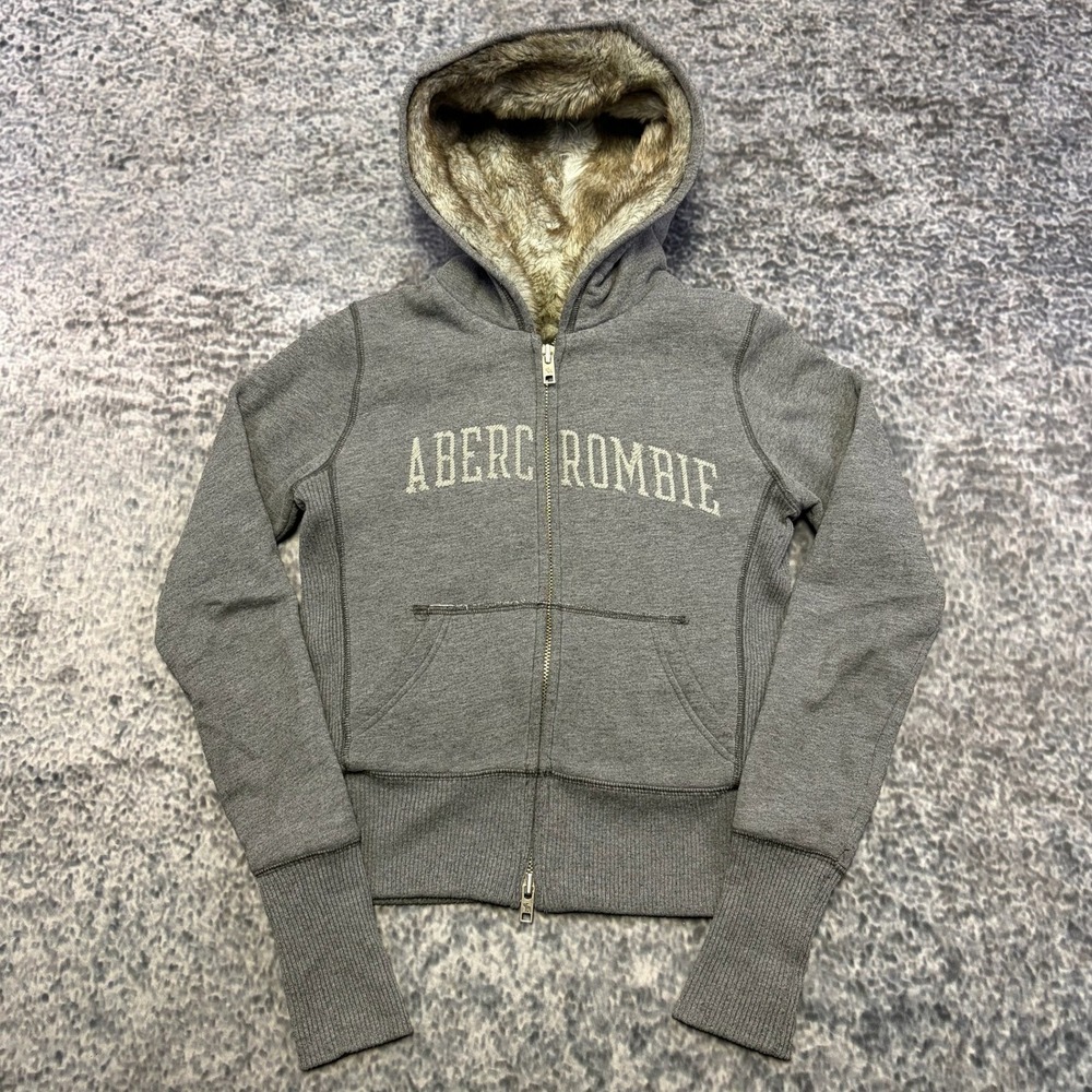 Vintage Y2K Abercrombie & Fitch Hoodie Full Zip Fur Lined Small Gray Preppy
